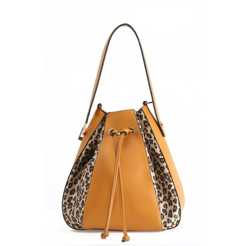 Tan Handbag for Women Draw String Leopard  Print Shoulder Bag Hobo Carry All Bag